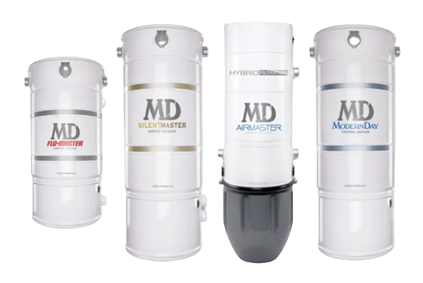 Modern Day central vacuum power unit lineup including SilentMaster equipment