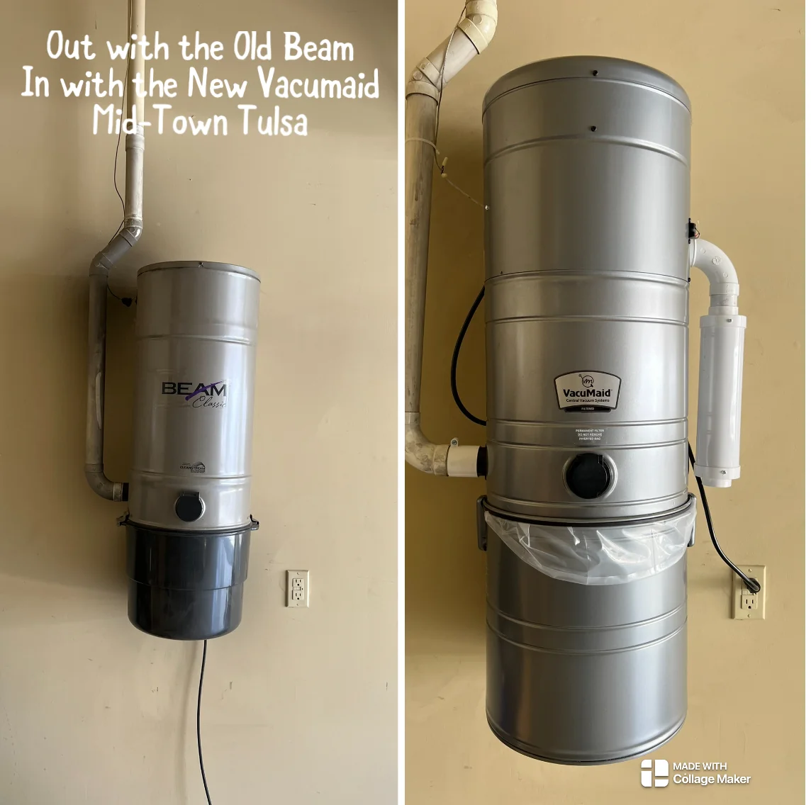 Central vacuum replacement installation photographed in a real home